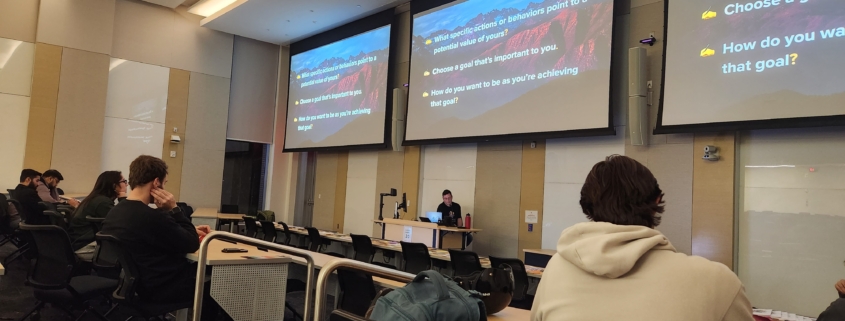 A lecture hall with students facing a presentation screen displaying bullet points about setting goals and determining personal values.