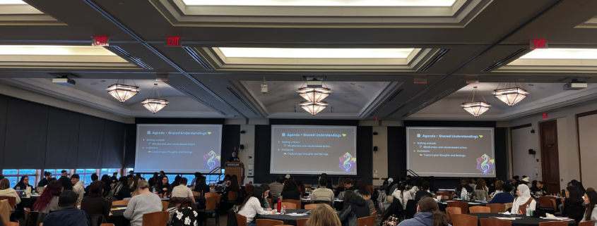 Sonic Connections at Montclair State University. A conference room filled with attendees at round tables facing a presentation titled "Agenda - Shared Understandings."