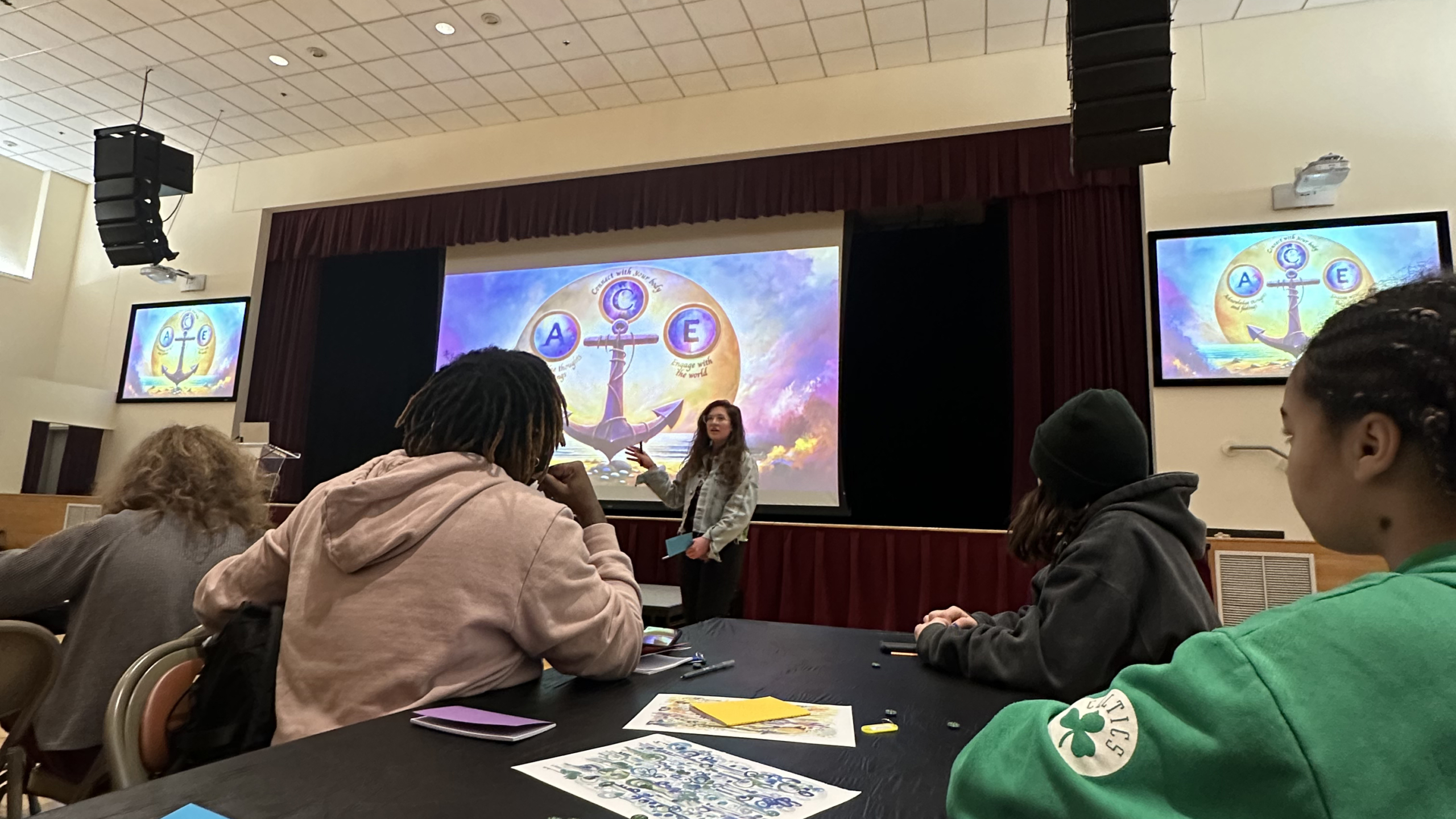 A presenter discusses a colorful, symbolic illustration during a workshop in a hall filled with attending students.